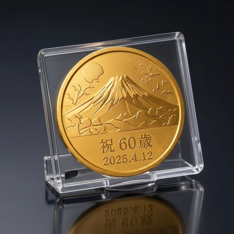 記念の文字を刻んだ金のコイン